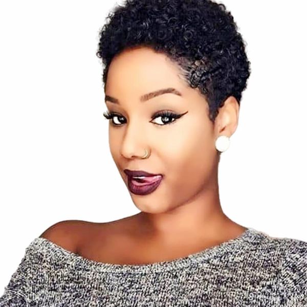 

100% human hair short black afro kinky curly wigs for women lightweight natural looking full machine made none lace front hair wig, Black;brown
