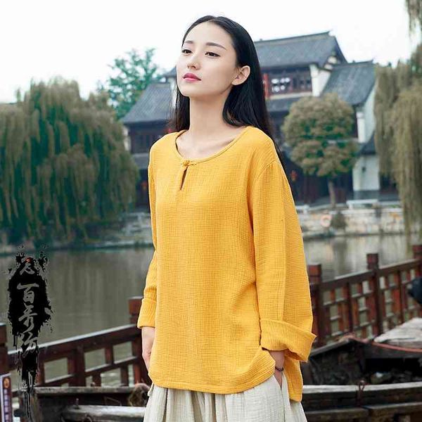 

21 spring and summer cotton and hemp women's new nianbaixiu spinning zen guochao coil button women's long sleeve round neck t-shir, White