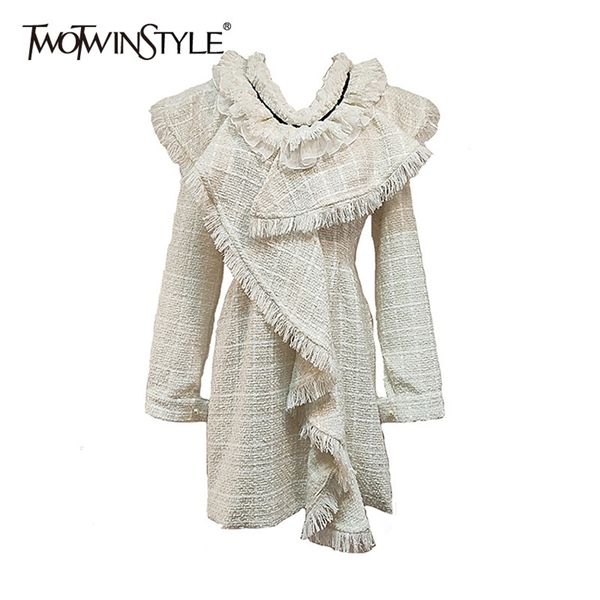 

plaid patchwork ruffle dress for women v neck long sleeve tassel chiffon mini dresses female fashion clothing 210520, Black;gray