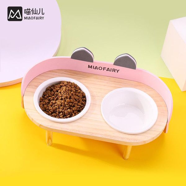 

cat bowls & feeders dog feeder 2 ceramic tableware pet food water bowl wood frame raised durable supplies
