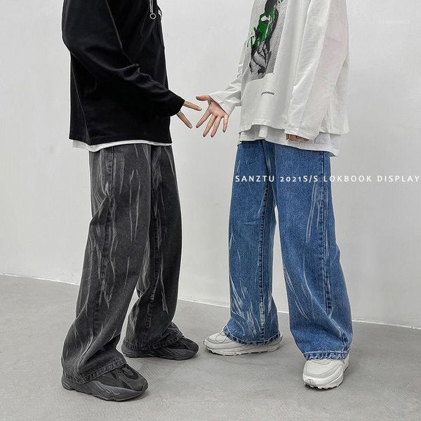 

men's jeans hip-hop korean casual fashion loose harajuku streetwear striped straight leg pants wide ankle-length, Blue