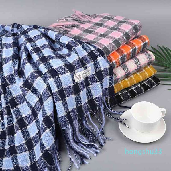 

thickened warm lattice scarf autumn winter korean couple small square imitation cashmere student long shawl men's versatile, Blue;gray