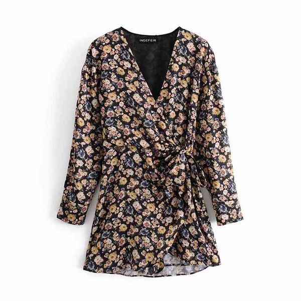 

vinatge woman floral printed v neck sashes mini dress spring fashion ladies chiffon es female sweet holiday 210515, Black;gray