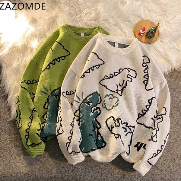 ZAZOMDE Harajuku Moda Lavorato A Maglia Donna Uomo Maglione Simpatico Cartone Animato Dinosauro Pullover Maglioni Moda Streetwear Jumper Pull 211008