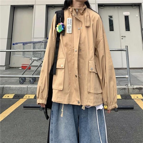 

women's jackets korean cargo jacket female autumn vintage long-sleeved solid color casual coat streetwear harajuku oversize zipper oute, Black;brown