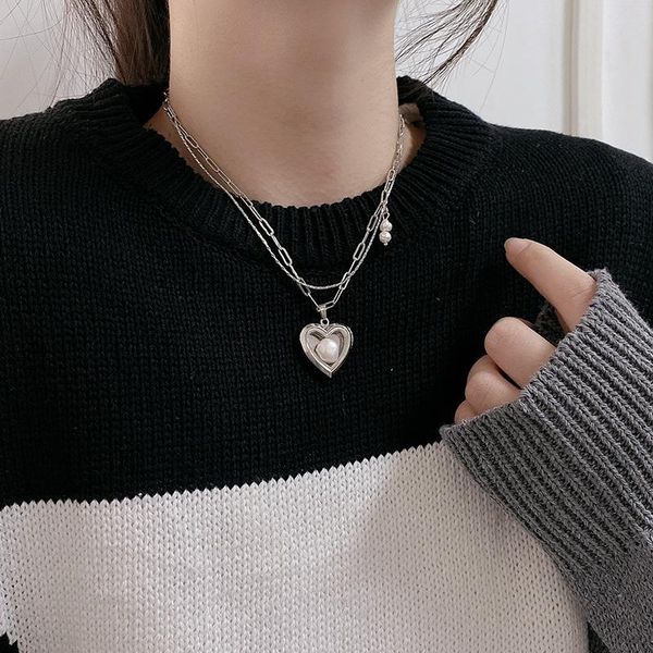 

pendant necklaces silver color double layer heart necklace fashion women pearl clavicle chain elegant charm party jewelry gift