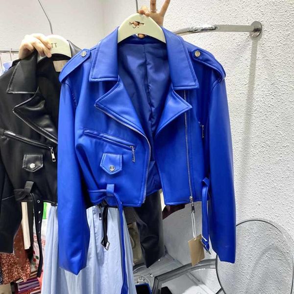 

women's leather & faux korean short blue biker pu jacket long sleeve zipper belt colored stylish outerwear for women fashion 2021, Black