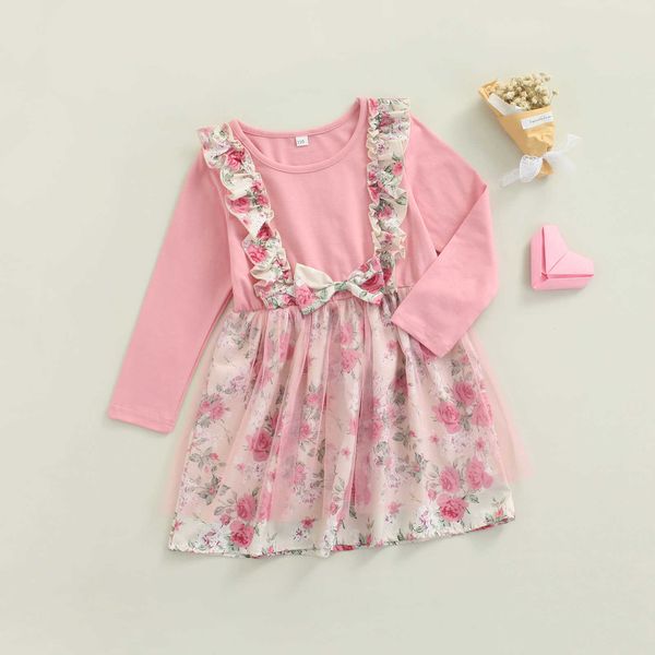 

little girls spring autumn dress toddlers sweet style floral printing mesh splicing round collar long sleeve bow princess skirt g1026, Red;yellow