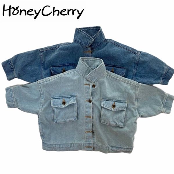 

autumn girls jackets children's clothing boys and girls fashion washed denim pocket button casual jacket 210701, Blue;gray