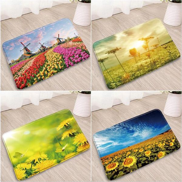 

bath mats natural scenery bathroom mat flowers field yellow sunflower daisy tulip farm doorway kitchen balcony vintage non-slip rugs