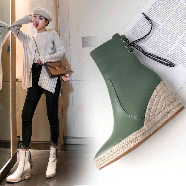 

dress shoes women's ankle boots women's hemp rope straw platform wedge zipper back collar autumn 6y3w, Black