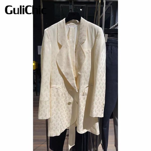 

women's suits & blazers 9.2 gulichic women elegant fashion jacquard slim double breasted with tie blazer, White;black