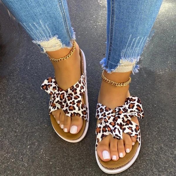 

slippers women leopard rainbow color lovely bow-tie open round toe flats beach slides shoes sandal 2021 summer, Black