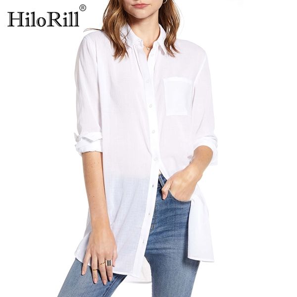 

women's solid blouse casual loose long sleeve shirt turn down collar tunic spring irregular hem ladies 210508, White