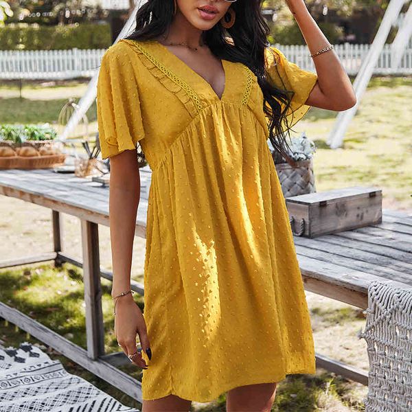 

v-neck loose solid mini dress spring summer high waist ruffled short sleeve women dress comfortable holiday style dress 210514, Black;gray