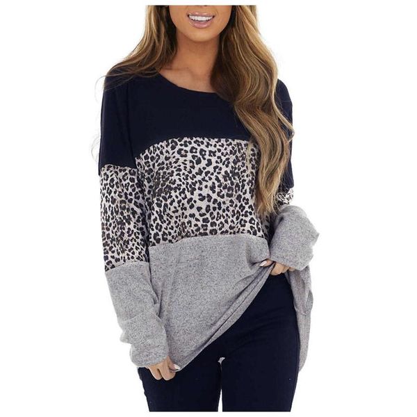 

women's t-shirt leopard printed women vintage pullover round neck casual patchwork long sleeve loose femininas, White