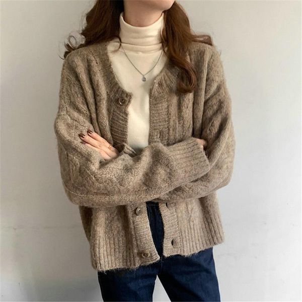 

women's knits & tees 2021 autumn winter knitted cardigans sweater women korean vintage solid long sleeve coat ladies thicken loose, White