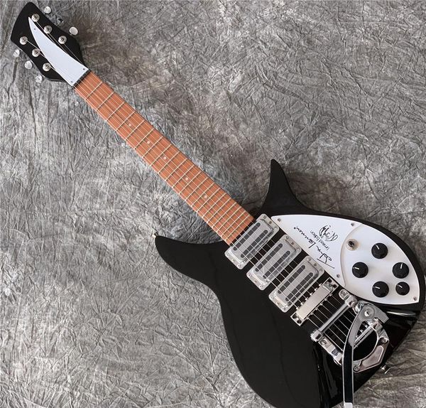 

john lennon 325 6 string black electric guitar short scale length 34 inches, bigs tremolo, gloss paint fingerboard, 3 toaster pickups
