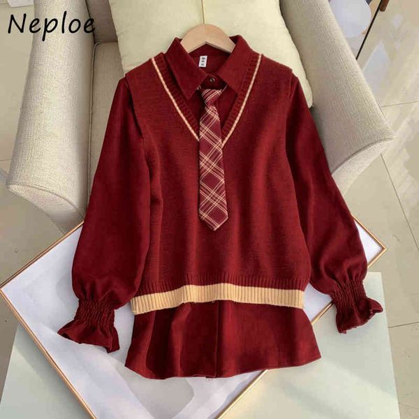 

neploe preppy style knit 2 pcs women set turn down collar long sleeve shirt + v neck sleeveless vest loose suit spring suit 210423, White