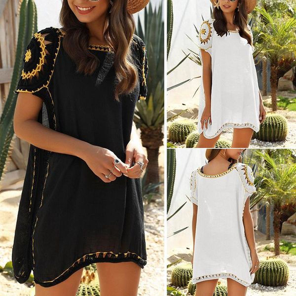 

women crochet flower cover up solid hollow out beach dress tunic women's swimwear, White;black