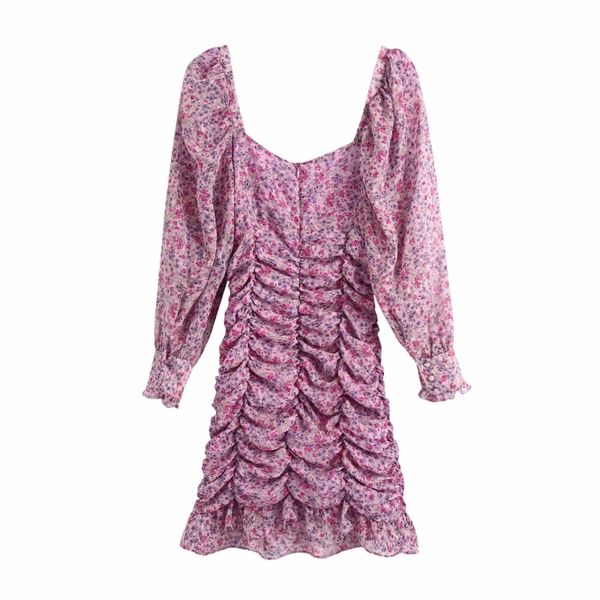 

2021women floral printing chiffon pleated dress femme lantern sleeve slim clothes casual lady vestido d6587, Black;gray