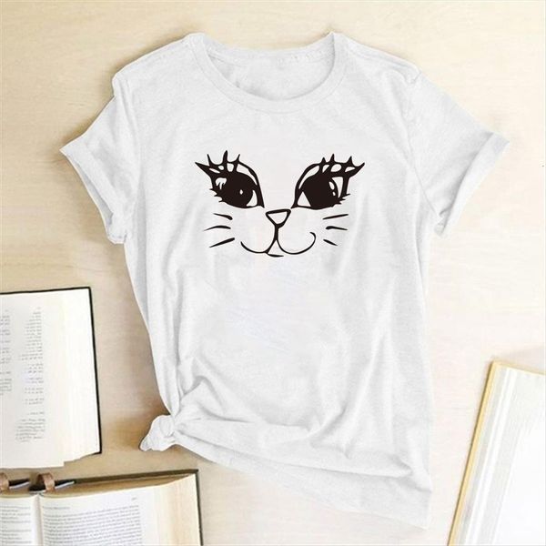 

aesthetic cat face print womens cotton casual cute funny summer tees femme mujer camisetas, White