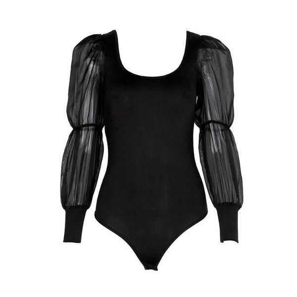

women's jumpsuits & rompers fashion women long sleeve bandage bodysuits patchwork leotard lace mesh blouse jumpsuit female, Black;white