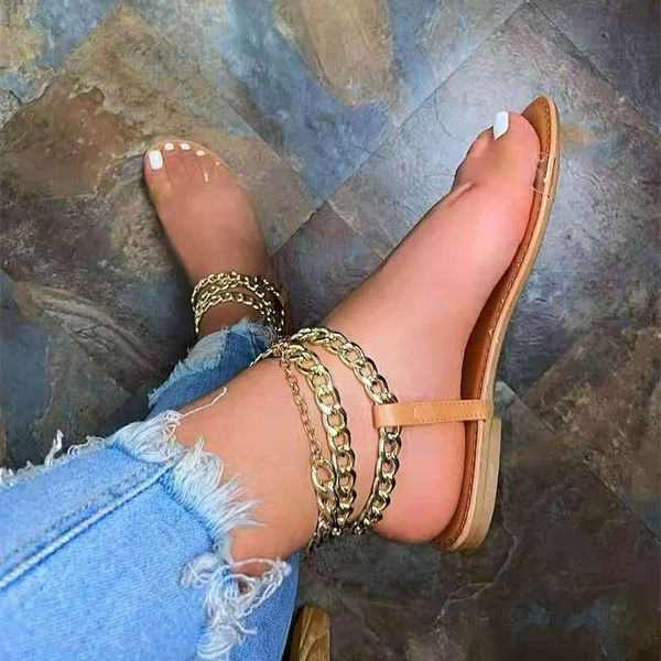 

women summer fashion chain decoration flat flip flops comfortable open toe slippers beach shoes sandals outdoor slides, Black