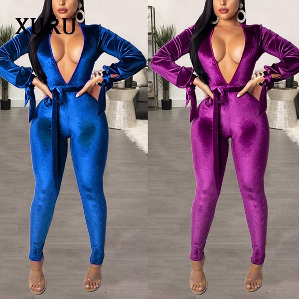 

xuru autumn blue purple women jumpsuit nine pants velvet v neck long sleeved tight sportswear nightclub womens, Black;white