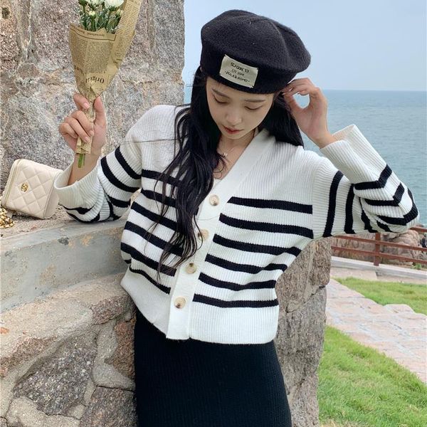 

women's knits & tees 2021 spring fall clothes for women harajuku korean fashion friends vintage sweet striped button knitted sweater ca, White