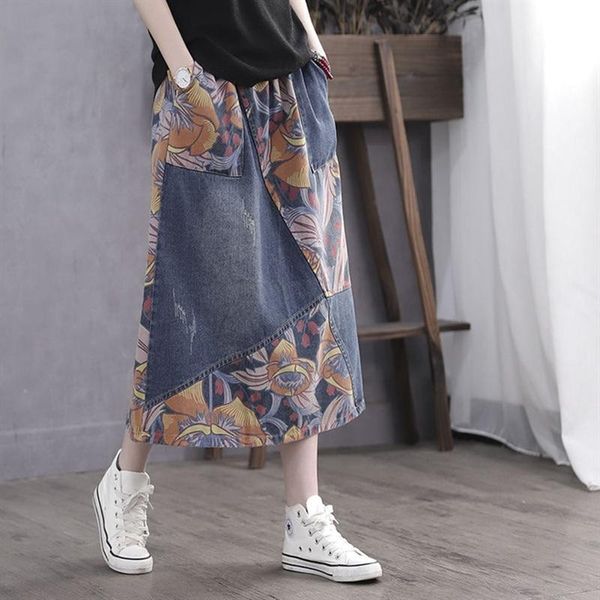 

skirts ethnic denim skirt large size patchwork womens vintage midi mori girl 2021 summer retro jean 11602, Black