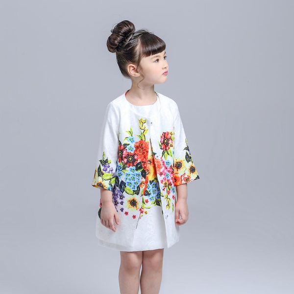 

girl's dresses 2021 flower girls princess vestido infantil butterfly girl clothes printed two piece party and coats, Red;yellow