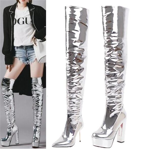 

boots patent leather sliver plied on the knee platform boots stage performance walk show night club thigh women l9c8, Black