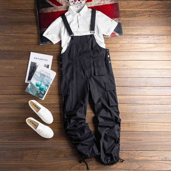 

pantverde militar overoles sueltos hombres mono babero beam feet ropa informal estilo hip hop mamelucos cargo pantalones color slid, Black