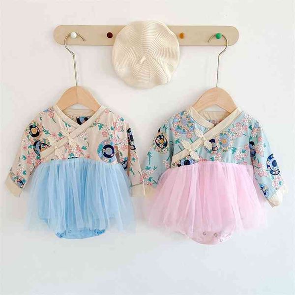 Chinesische Art Säuglingsbaby-Spielanzug-Kleidung Frühlings-Herbst-Cheongsam-Kind-Mädchen-lange Hülsen-Kleidung 210429