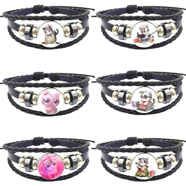 

charm bracelets for women girls jewelry classic glass cabochon black leather bracelet bangle fashion cute pink cat, Golden;silver