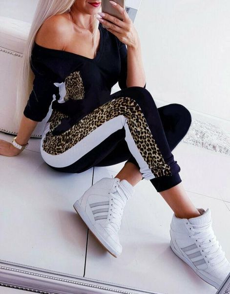 

women's jumpsuits & rompers spring autumn fashion v-neck leopard print stretch bodysuit casual long sleeve romper bodycon jumpsuit play, Black;white