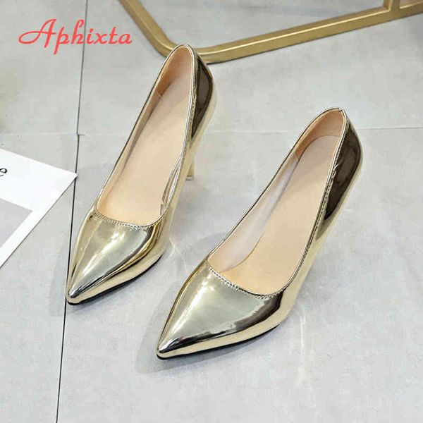 

aphixta 10cm heels women pumps shoes pointed toe bling gold patent leather wedding party official shoes woman big size 48 k731, Black