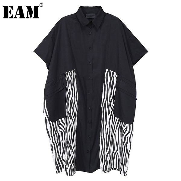 

[eam] women black big size striped pocket irregular dress lapel short sleeve loose fit fashion spring summer 1dd6989 21512, Black;gray