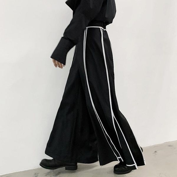 

pants men personalized webbing alternative slit culottes casual trendy men's stage singer wear wide-leg trousers, Black