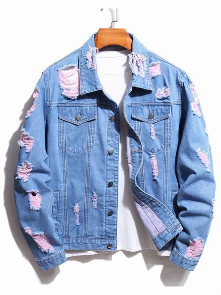 

men ripped denim jacket without tee s2p8#, Blue