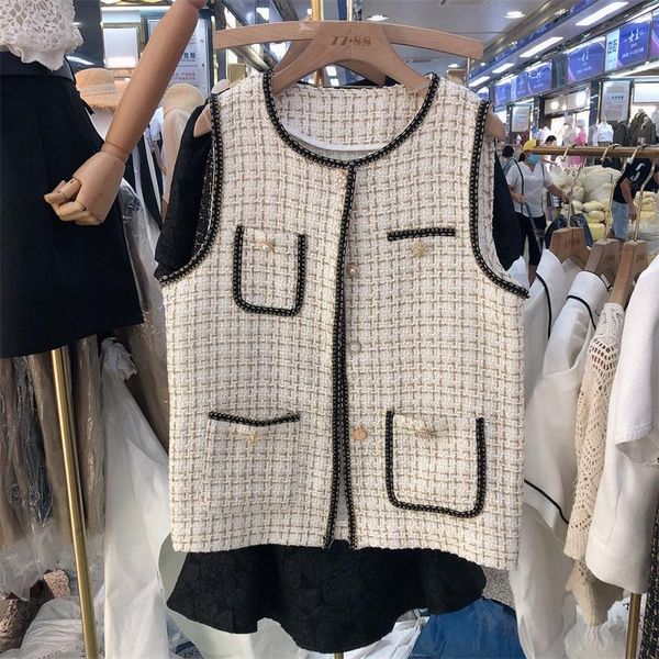 

women's vests [ewq] 2021 autumn korean color matching edging slim waistcoat fashion all-match woven ladies 16q132, Black;white