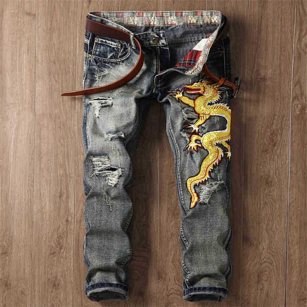 

men's jeans jeans european design men dragon embroidery slim straight pants hole gray d9y4, Blue