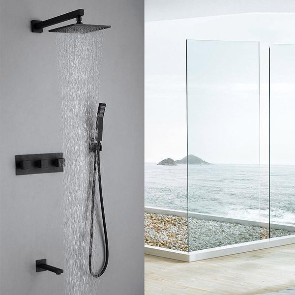 

brass bathroom shower set matte black square rainfall faucet wall mounted mixer 8-12" head 3 ways water sets