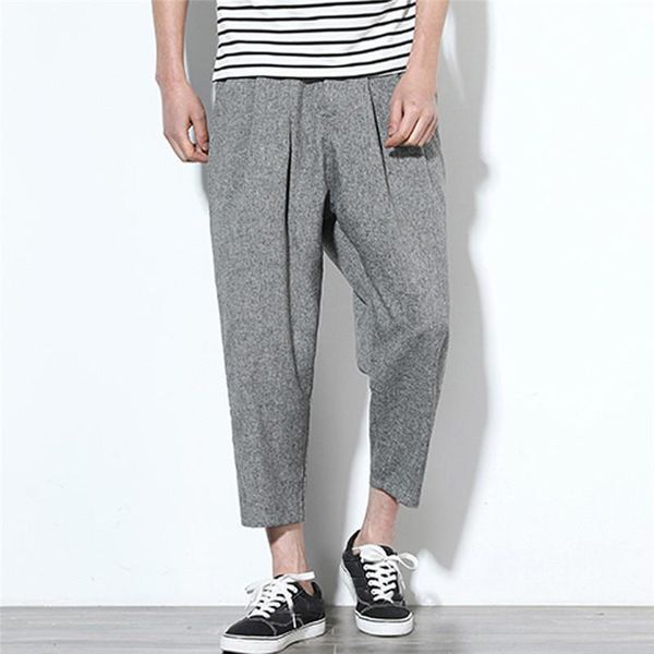 

men's pants litthing summer casual natural cotton linen trousers elastic waist straight men fashion pant, Black