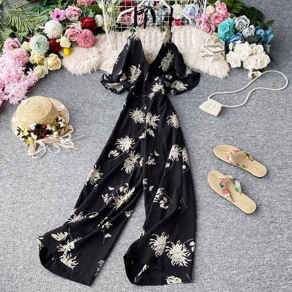 

women's jumpsuits & rompers gagarich korean ins holiday beach style print female high waist hip slim bodysuit open back camis playsuit, Black;white