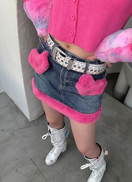 

original oosbaby design autumn retro womens skirts girl high waisted denim short skirt plush winter bodycon mini pencil, Black