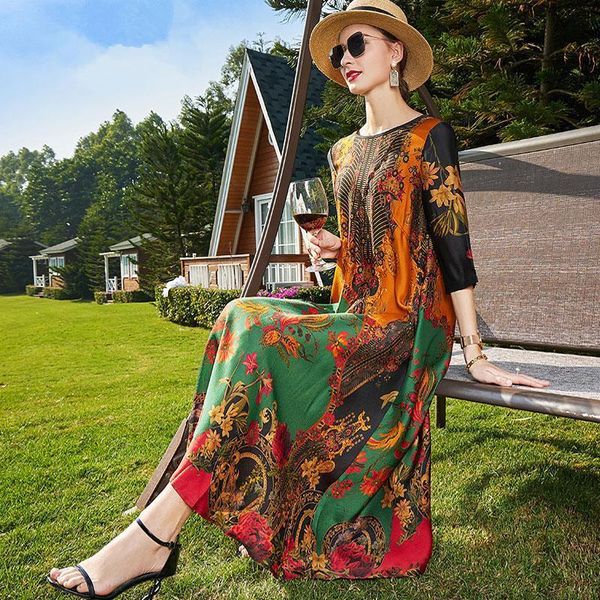 

casual dresses summer boho floral mulberry silk maxi elegant party vestidos 2021 women vintage 4xl plus size chiffon midi dress, Black;gray