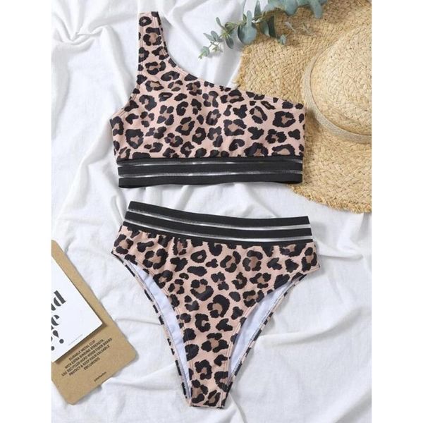 

women's swimwear swimsuit two piece one-shoulder bikini chest pad leopard printed backless beachwear swim bathing suit, White;black