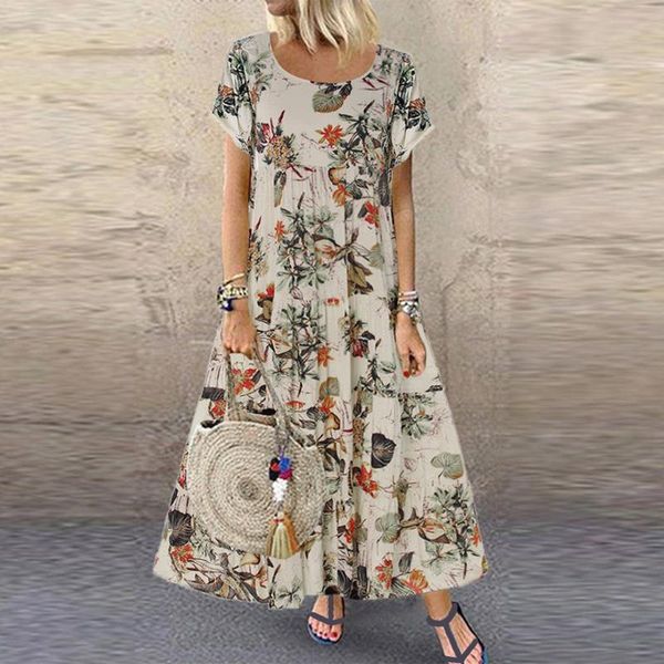 

casual dresses summer women's dress 2021 robe femme floral printed short sleeve boho cotton and linen long longue maxi, Black;gray